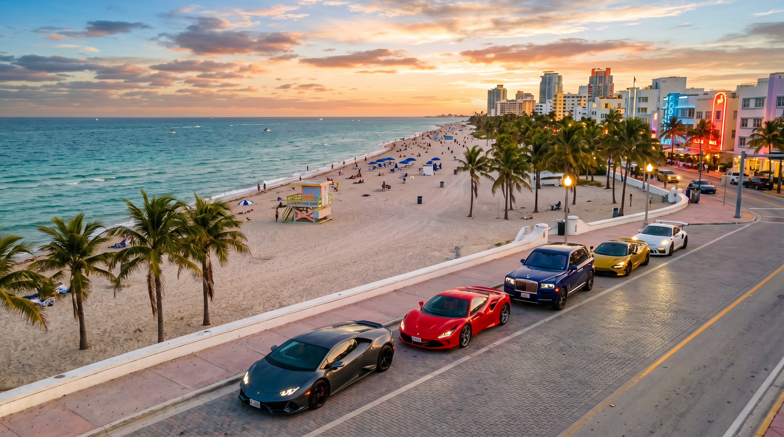 Lamborghini Huracan Ferrari F8 Rolls-Royce Cullinan lineup on Miami South Beach waterfront at sunset — aerial phalanx of 5 supercars