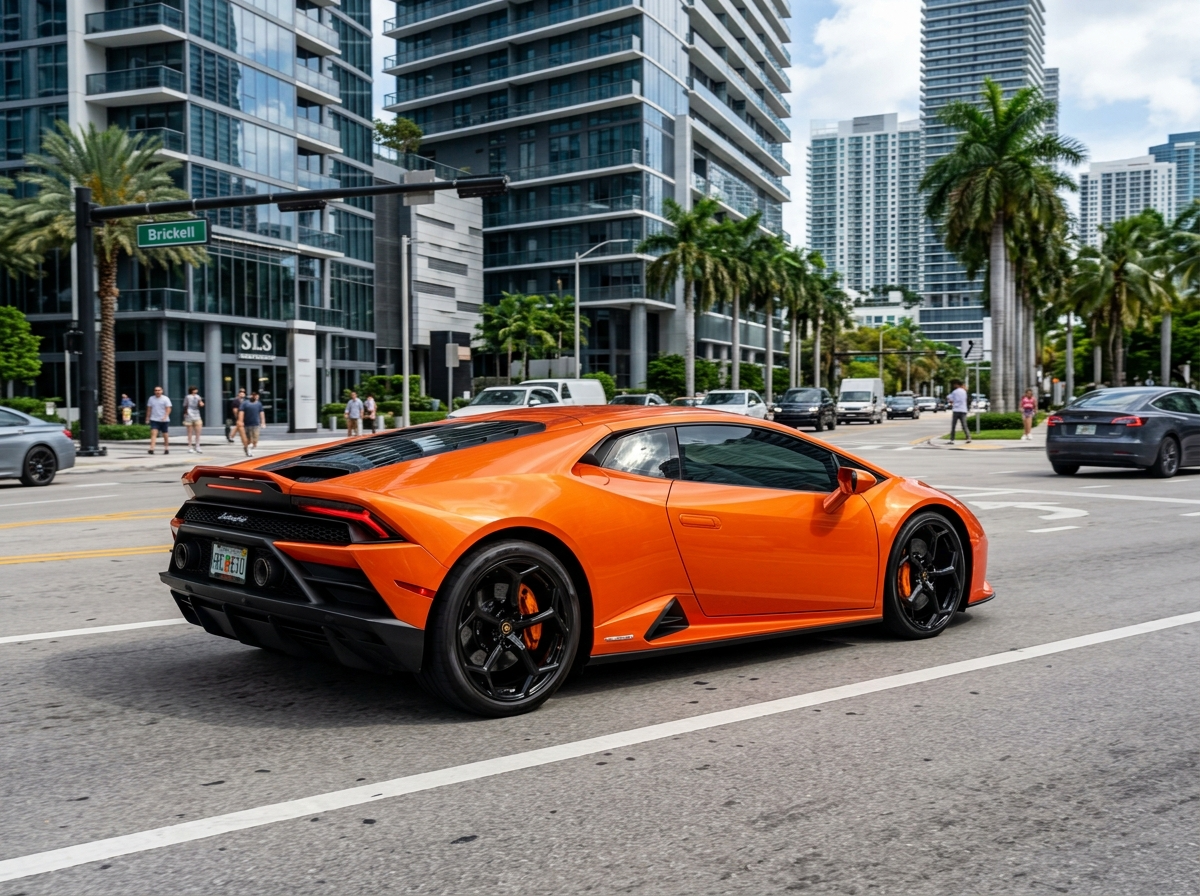 2021 Lamborghini Huracan EVO coupe in Arancio Borealis orange on Miami Brickell street — side three-quarter view