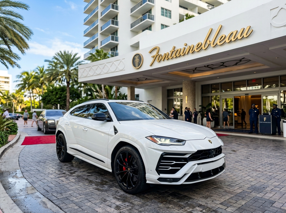 2025 Lamborghini Urus SE Pearl White SUV parked at Fontainebleau Hotel Miami Beach entrance — front three-quarter luxury view