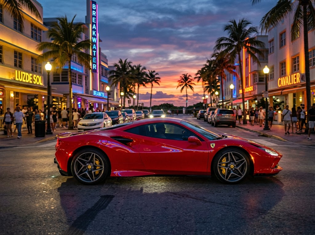 2024 Ferrari F8 Tributo Rosso Corsa red coupe on Ocean Drive Miami Beach at dusk — dramatic side profile with reflections