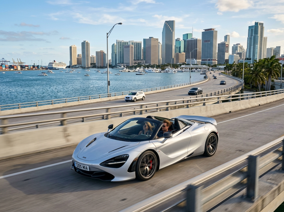 2021 McLaren 720S Spider silver open-top spider on the Rickenbacker Causeway Miami with Biscayne Bay in background