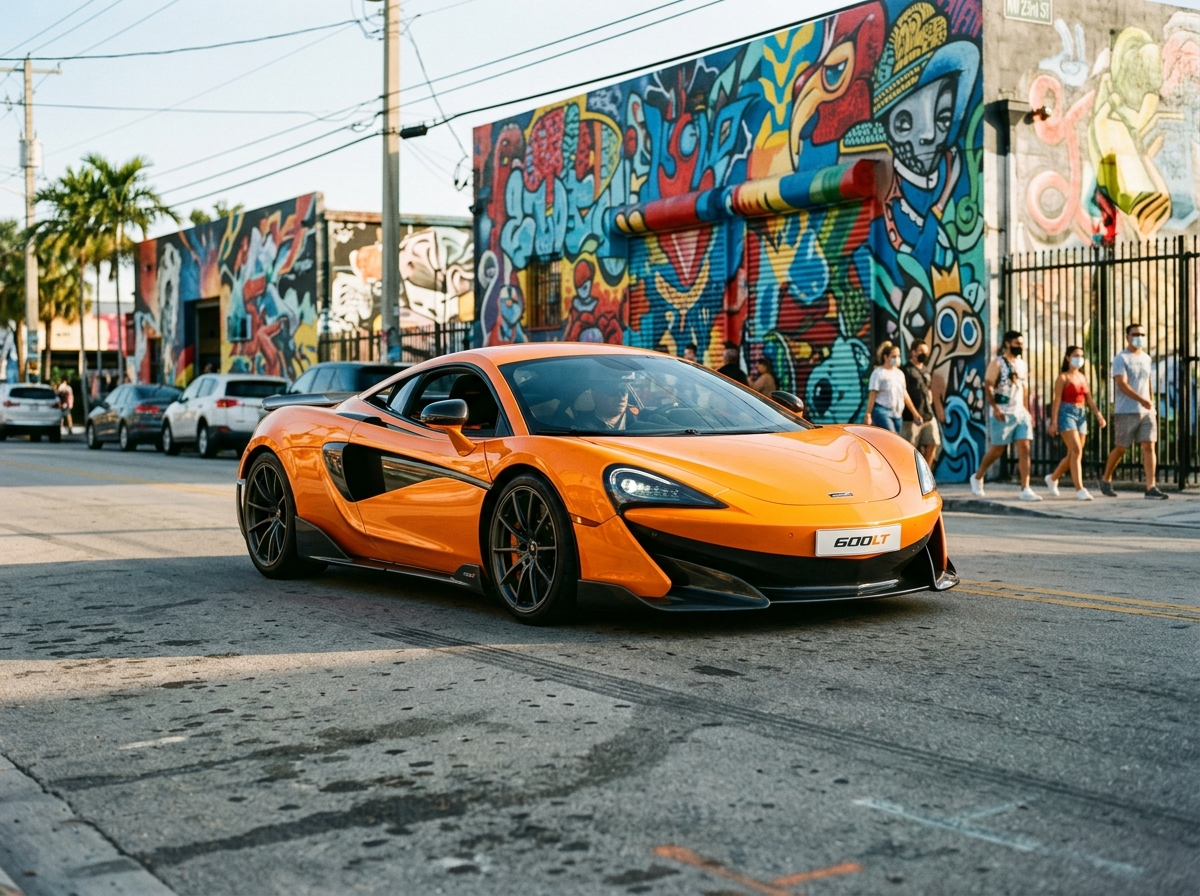 2022 McLaren 600LT coupe Papaya Spark orange in Wynwood Miami art district — low aggressive profile street view