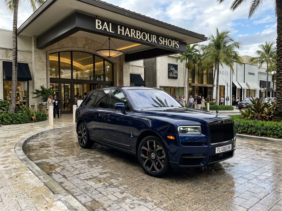 2022 Rolls-Royce Cullinan Black Badge Midnight Blue SUV at Bal Harbour Shops entrance — prestige luxury exterior