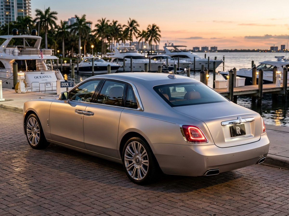 2023 Rolls-Royce Ghost Extended Silver Satin at Coconut Grove Marina Miami — rear three-quarter view conveying absolute elegance