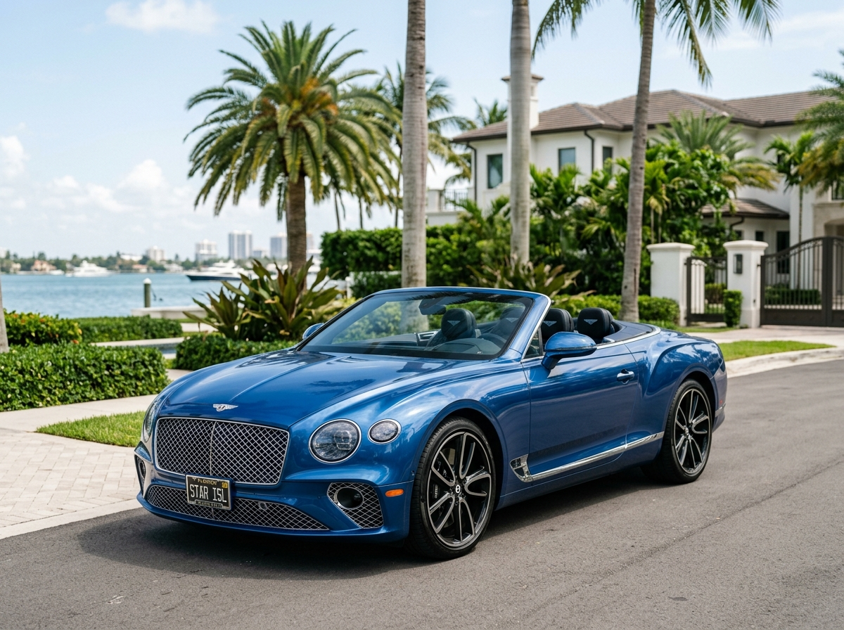 2022 Bentley Continental GT Sequin Blue convertible parked on Star Island Miami — front view prestige grand touring