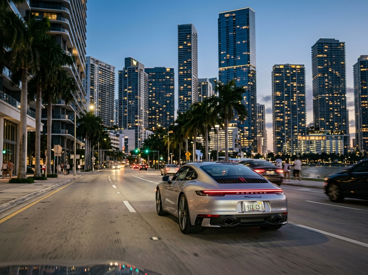2026 Porsche 911 Carrera S GT Silver Metallic on Brickell Avenue Miami — classic rear-engine silhouette against city skyline
