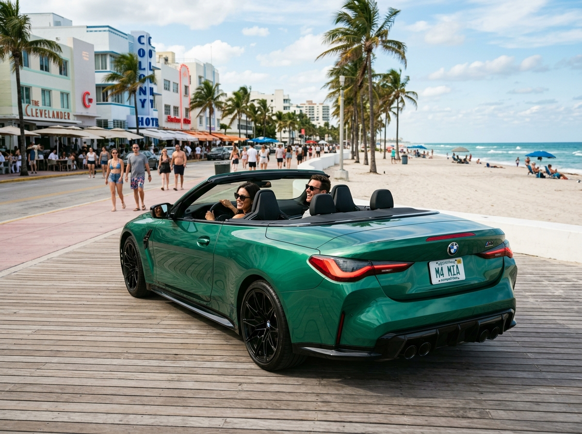 2024 BMW M4 Competition Convertible Isle of Man Green open-top on Miami Beach boardwalk — sporty prestige convertible