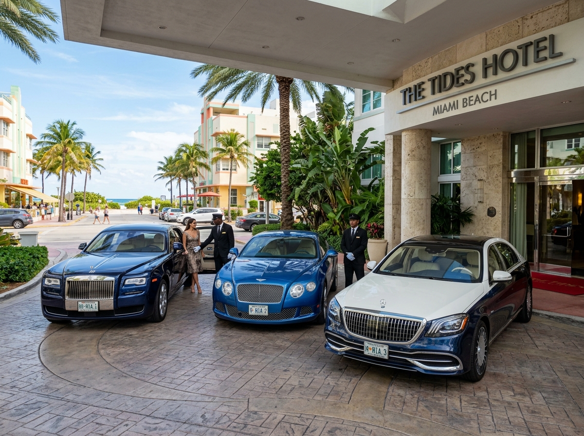 Rolls-Royce Ghost Bentley Continental GT Maybach S680 luxury sedan lineup at Miami Beach hotel entrance — white glove elegance